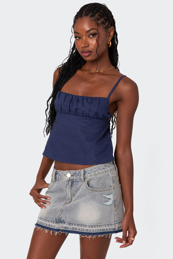 Edikted Linen Look Open Back Top Navy