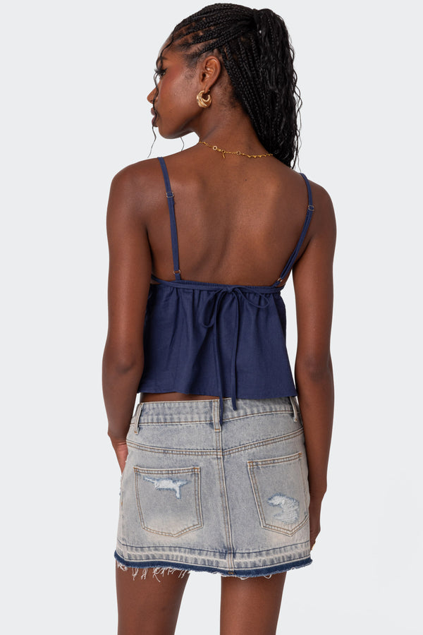 Edikted Linen Look Open Back Top Navy