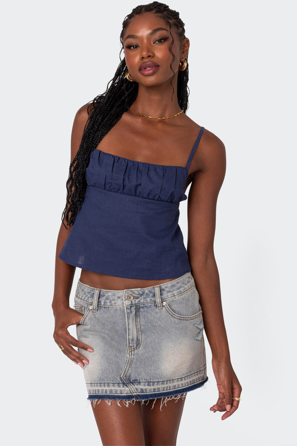 edikted Linen Look Open Back Top navy