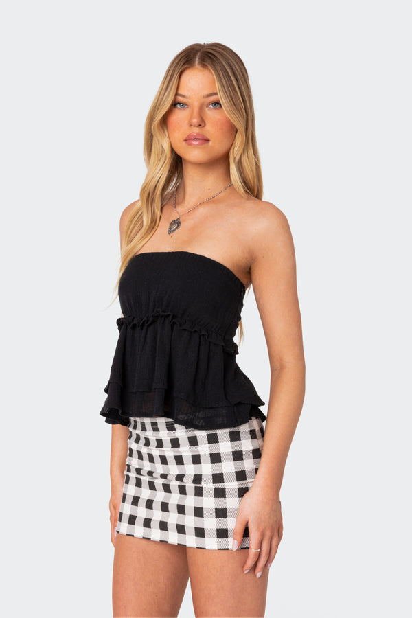Edikted Linen Look Strapless Peplum Top Black