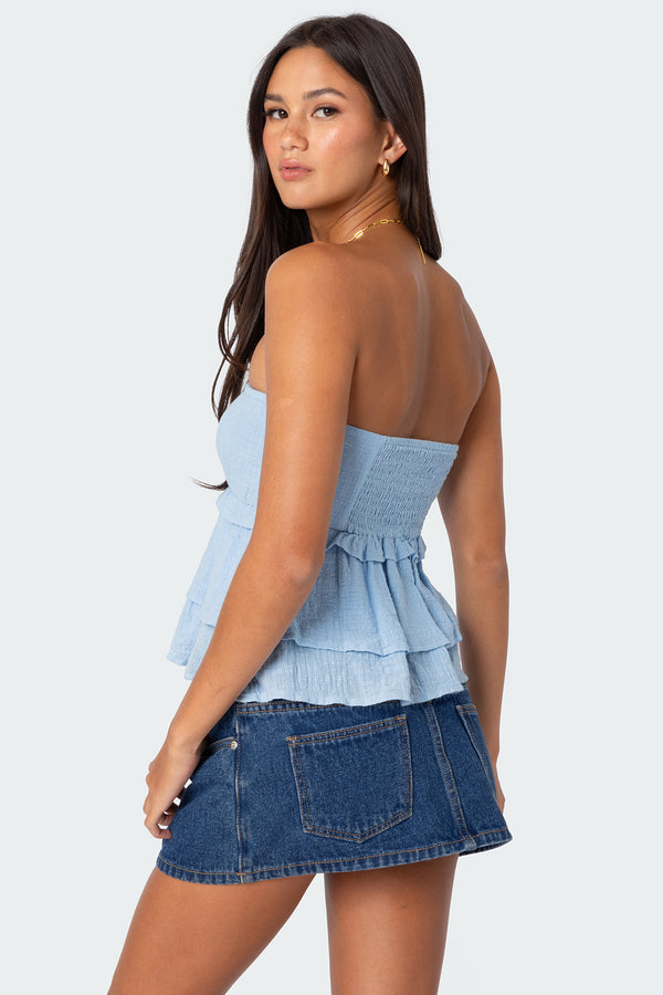 Edikted Linen Look Strapless Peplum Top Light Blue