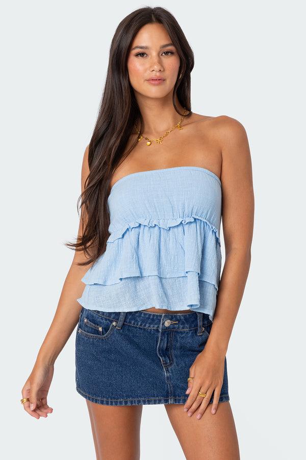 edikted Linen Look Strapless Peplum Top light blue