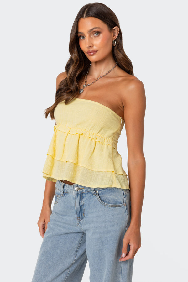 Edikted Linen Look Strapless Peplum Top Yellow