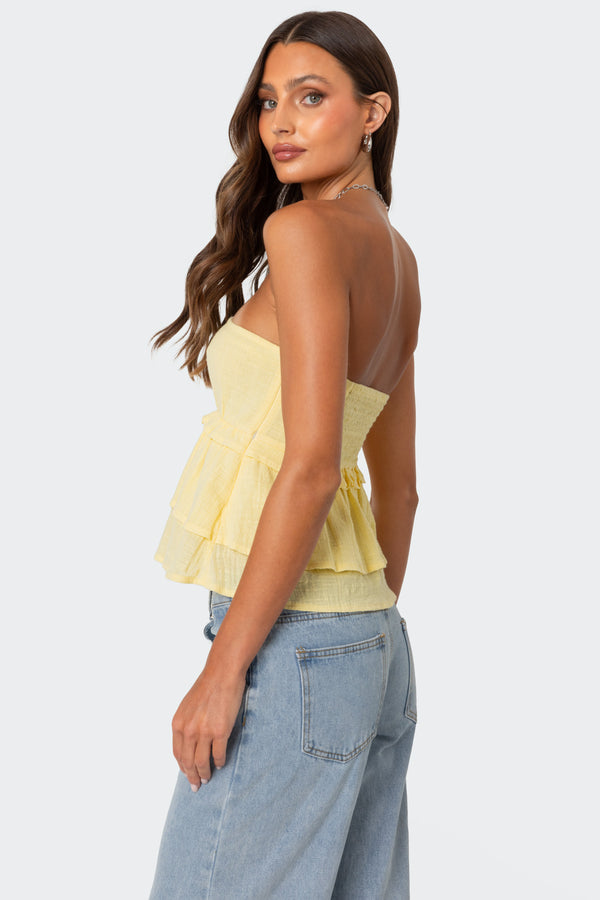 Edikted Linen Look Strapless Peplum Top Yellow