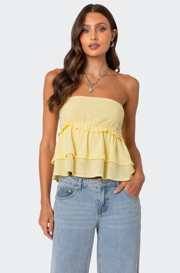 edikted Linen Look Strapless Peplum Top yellow