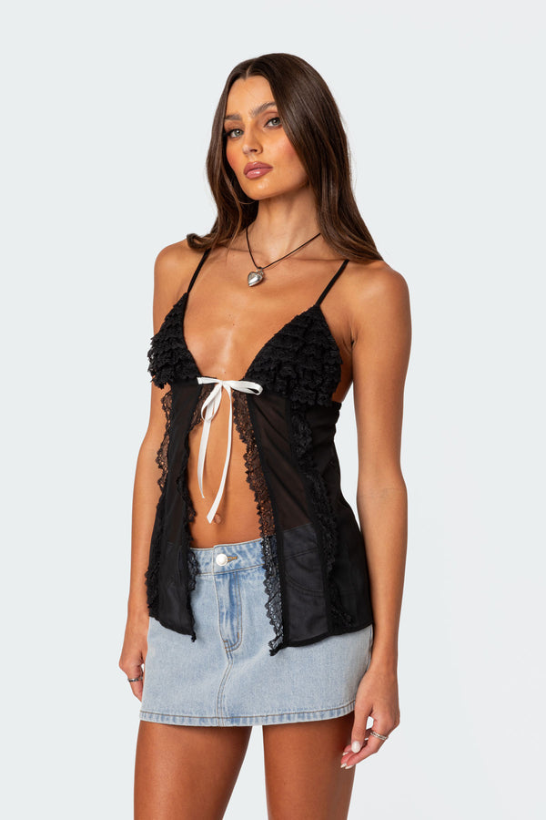 Edikted Linette Lacey Sheer Split Front Top Black