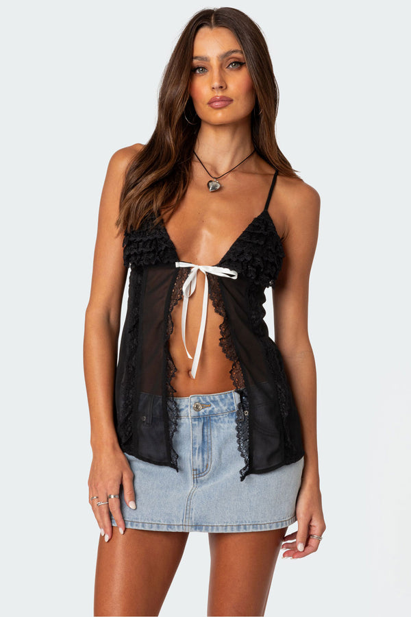 edikted Linette Lacey Sheer Split Front Top black