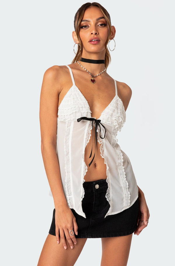 edikted Linette Lacey Sheer Split Front Top white