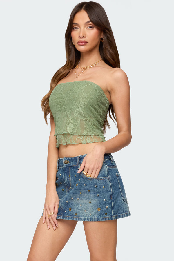 Edikted Liri Layered Lace Tube Top Olive