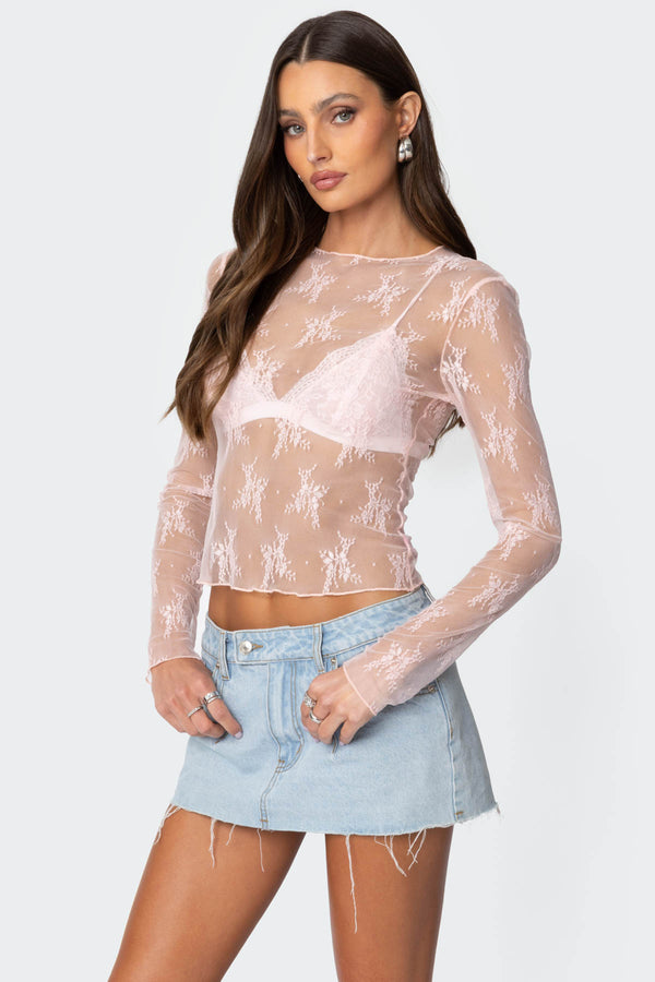 Edikted Lise Sheer Lace Top Light Pink