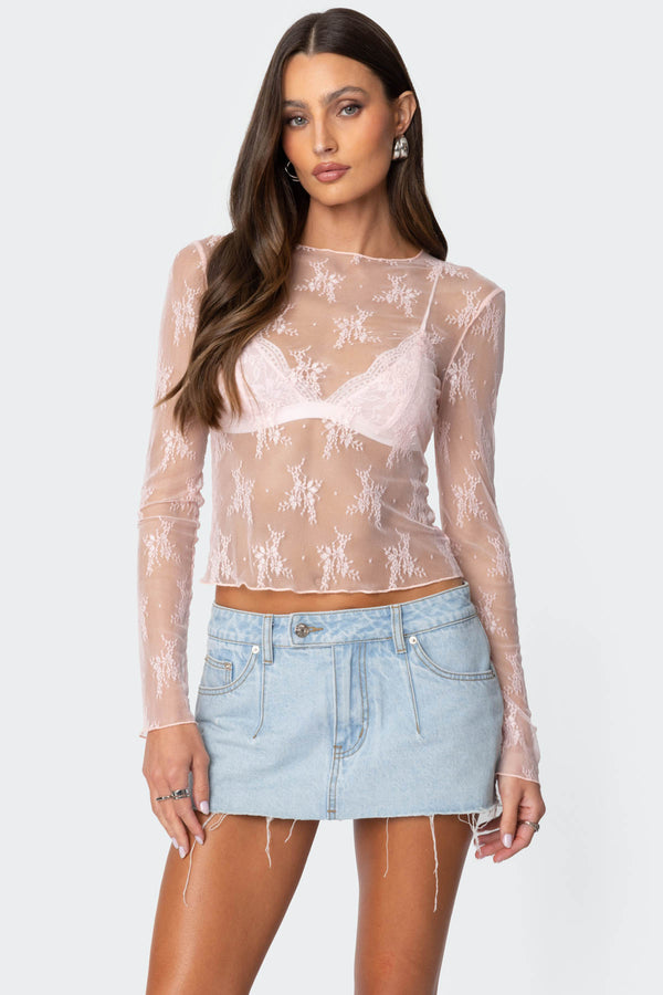 edikted Lise Sheer Lace Top light pink