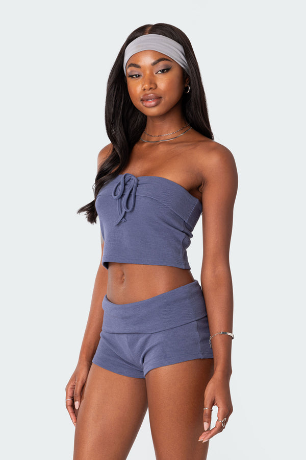 Edikted Lizzy Foldover Waffle Tube Top Navy