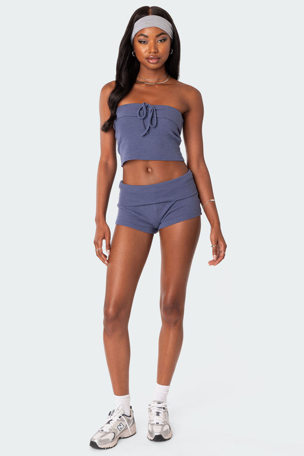 Edikted Lizzy Foldover Waffle Tube Top Navy