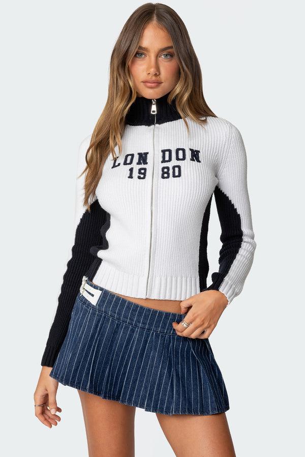 edikted London High Neck Cardigan navy and white