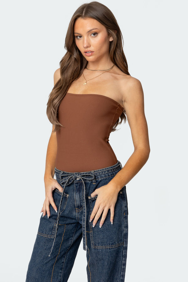 Edikted Loren Strapless Ribbed Bodysuit Brown