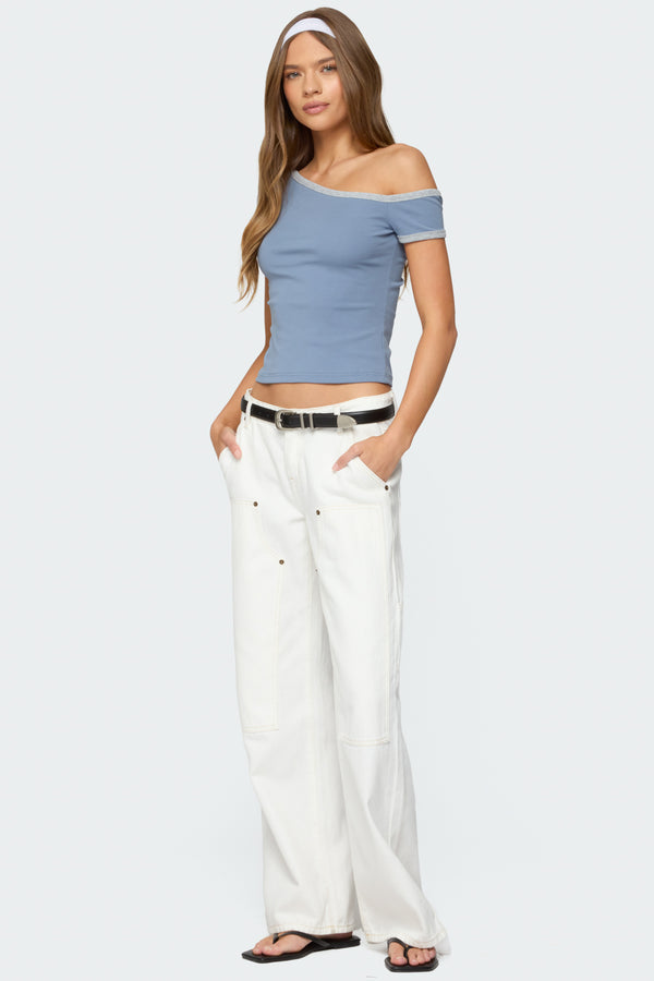Edikted Lorna Contrast Off Shoulder Top Blue