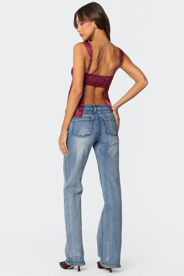 Edikted Loryn Lacey Satin Effect Top Burgundy