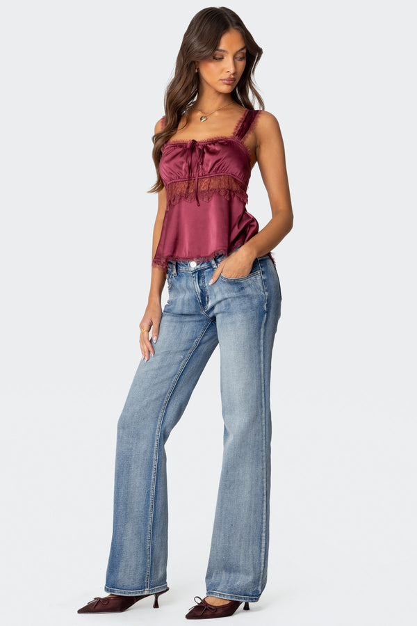 Edikted Loryn Lacey Satin Effect Top Burgundy