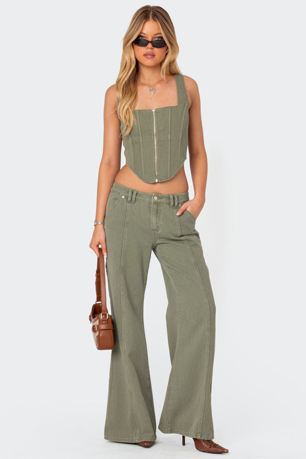 Edikted Lottie Washed Denim Zip Corset Olive