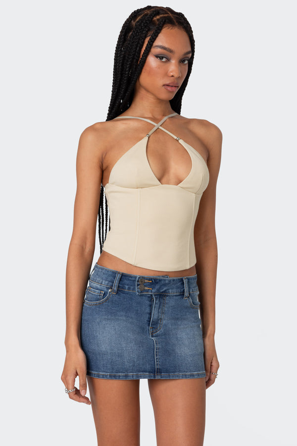 Edikted Lou Crossover Beaded Corset Beige
