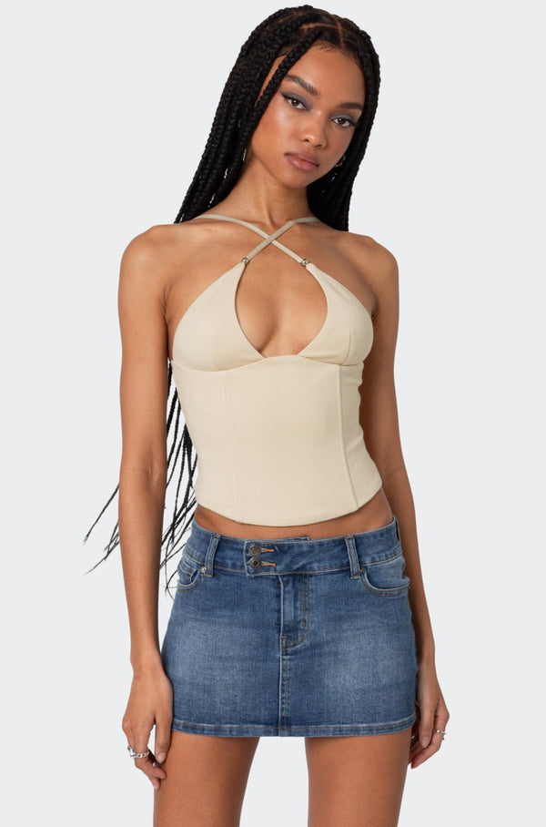 edikted Lou Crossover Beaded Corset beige