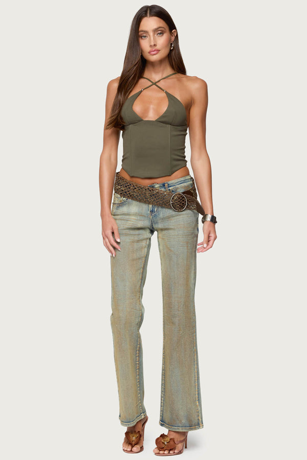 Edikted Lou Crossover Beaded Corset Olive