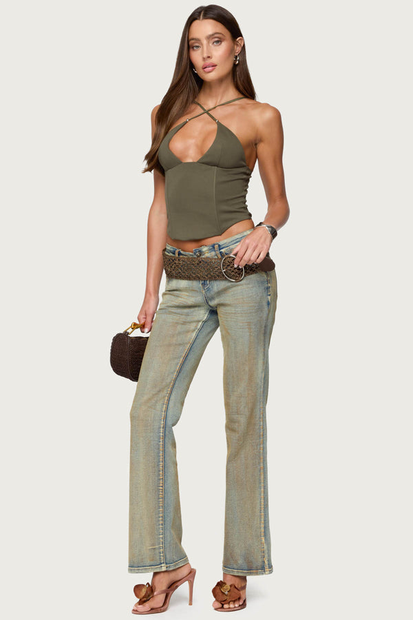 Edikted Lou Crossover Beaded Corset Olive