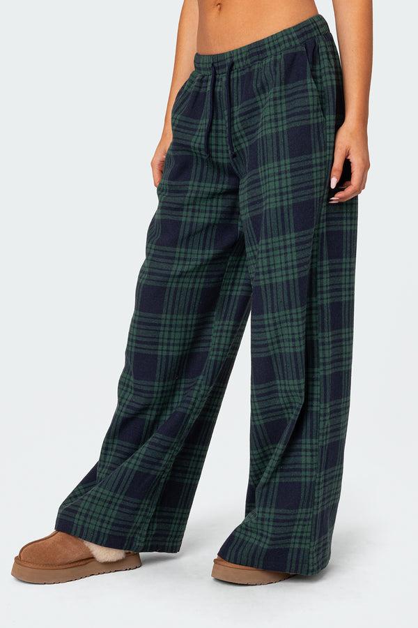 Edikted Lounge Around Plaid Wide Leg Pants Navy
