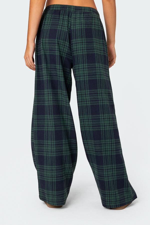 Edikted Lounge Around Plaid Wide Leg Pants Navy