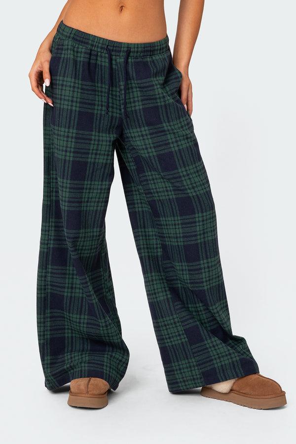 Edikted Lounge Around Plaid Wide Leg Pants Navy