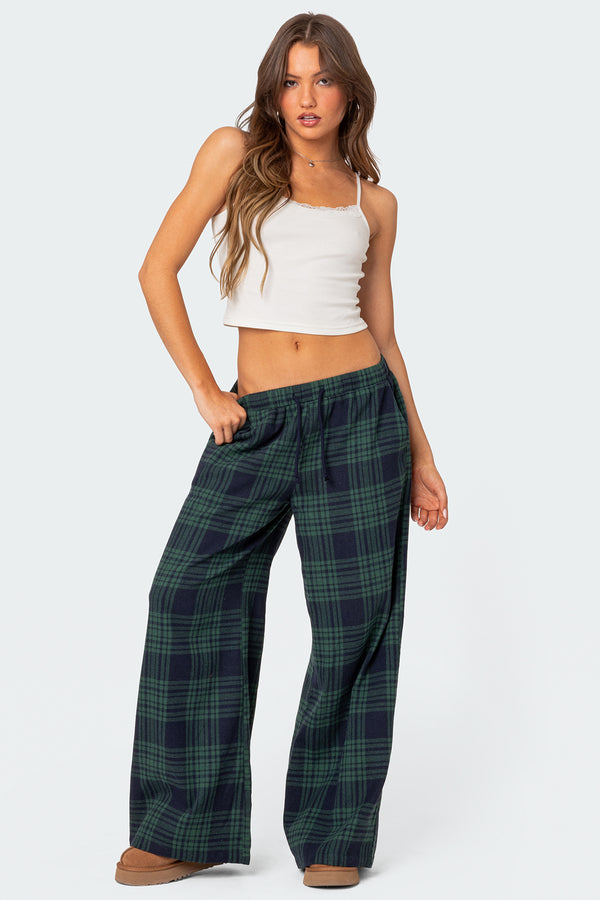 edikted Lounge Around Plaid Wide Leg Pants navy