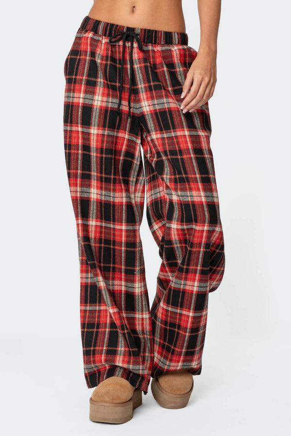 Edikted Lounge Around Plaid Wide Leg Pants Red