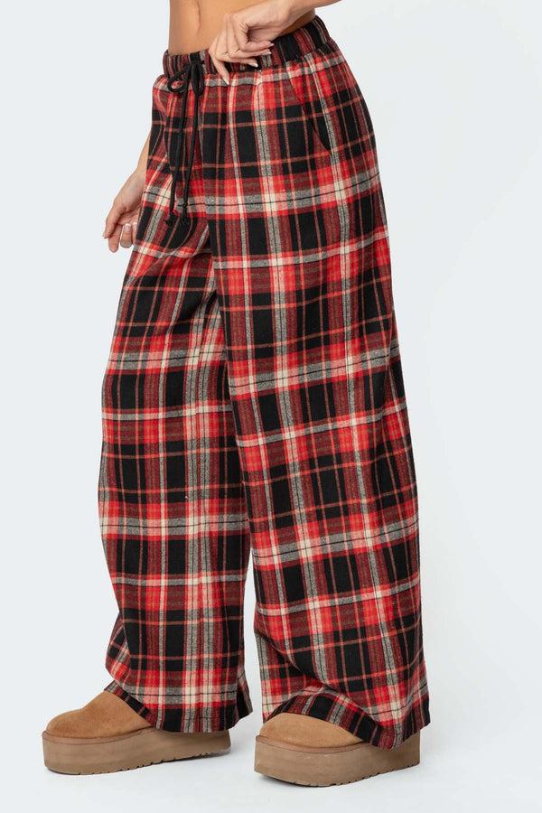 Edikted Lounge Around Plaid Wide Leg Pants Red