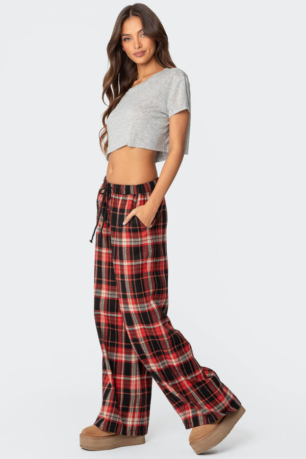 Edikted Lounge Around Plaid Wide Leg Pants Red
