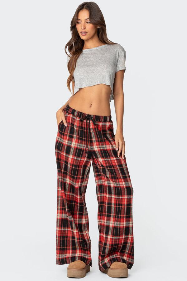 edikted Lounge Around Plaid Wide Leg Pants red