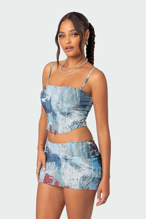 Edikted Love Letter Printed Mesh Corset Blue