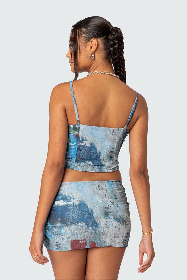 Edikted Love Letter Printed Mesh Corset Blue