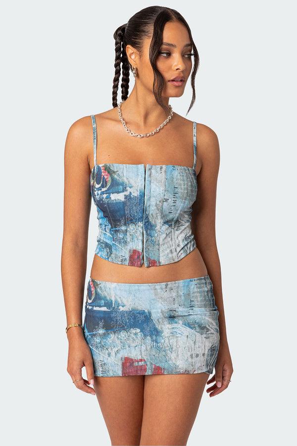 edikted Love Letter Printed Mesh Corset blue