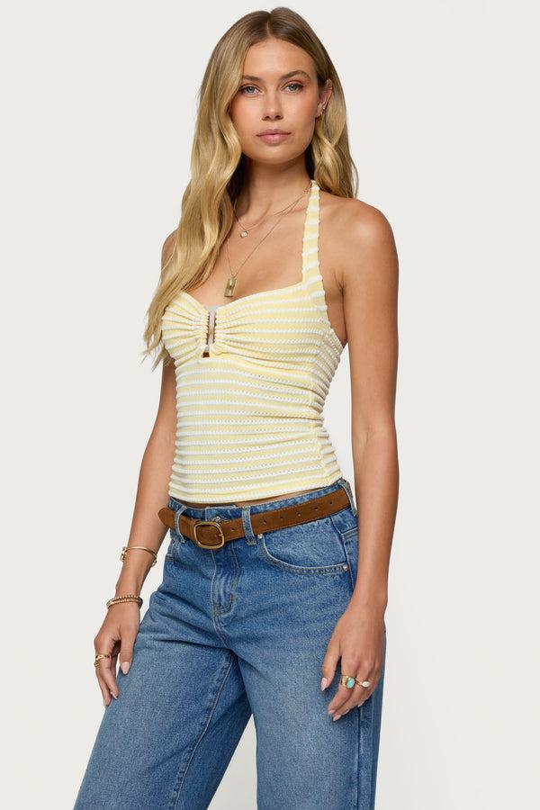 Edikted Lovina Textured Striped Halter Top Yellow