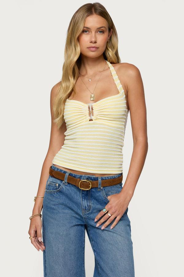 edikted Lovina Textured Striped Halter Top yellow