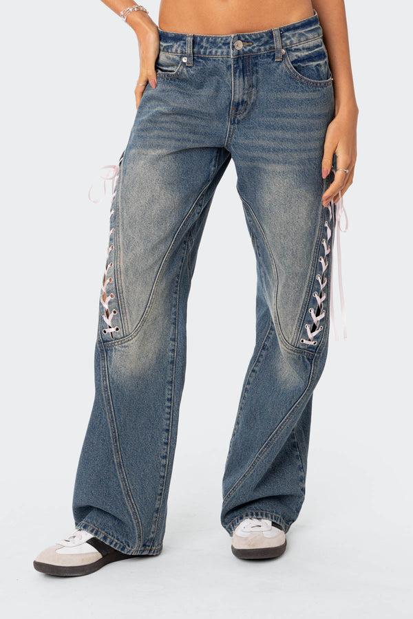Edikted Low Rise Ribbon Lace Up Jeans Blue