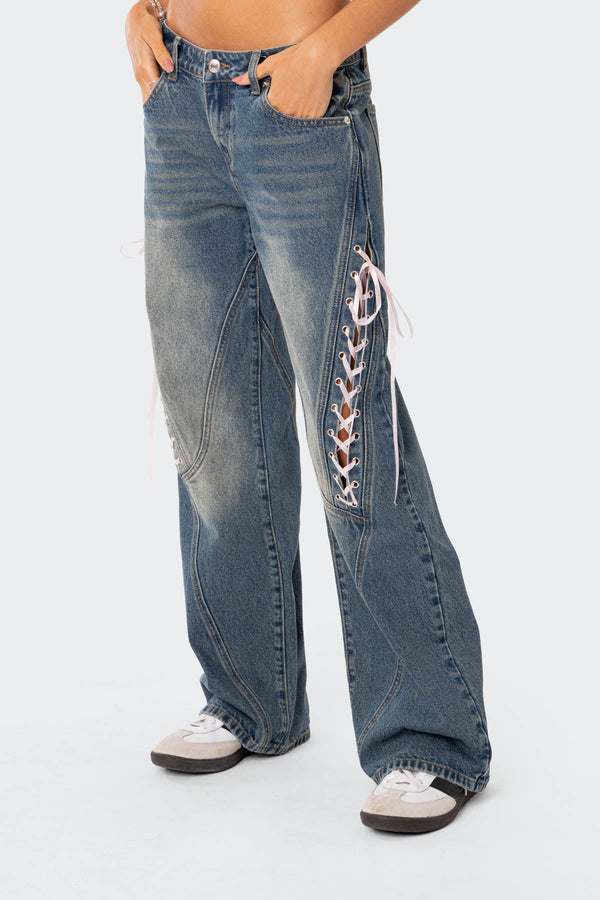 Edikted Low Rise Ribbon Lace Up Jeans Blue