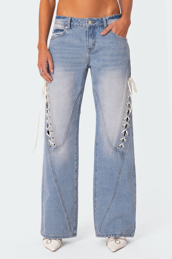 Edikted Low Rise Ribbon Lace Up Jeans Light Blue