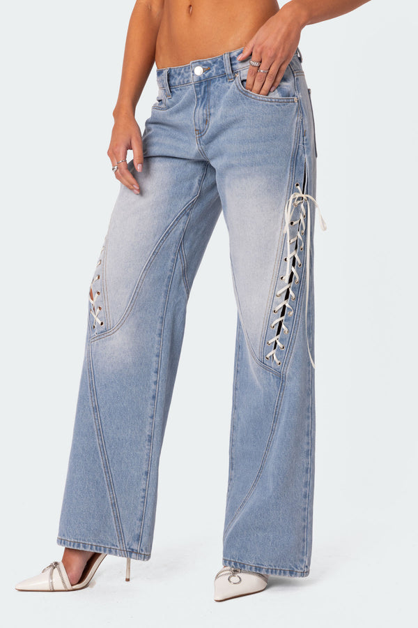 Edikted Low Rise Ribbon Lace Up Jeans Light Blue