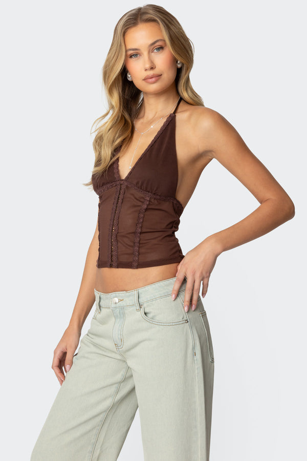 Edikted Lucie Lacey Mesh Halter Top Brown
