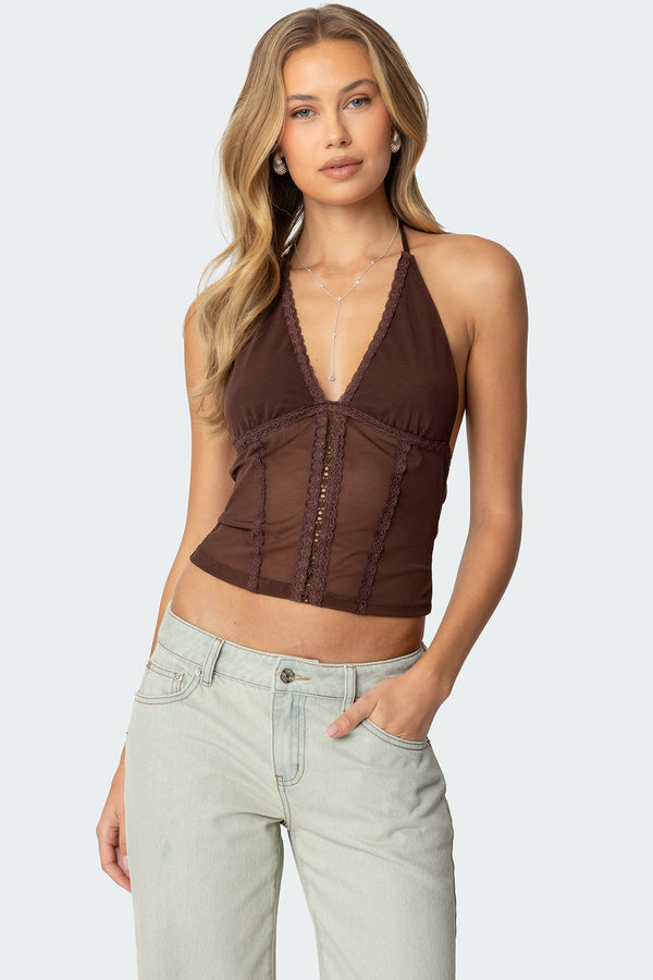 edikted Lucie Lacey Mesh Halter Top brown