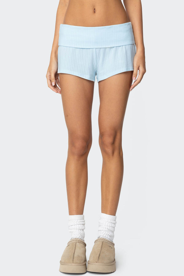 Edikted Lucilla Fold Over Ribbed Shorts Light Blue