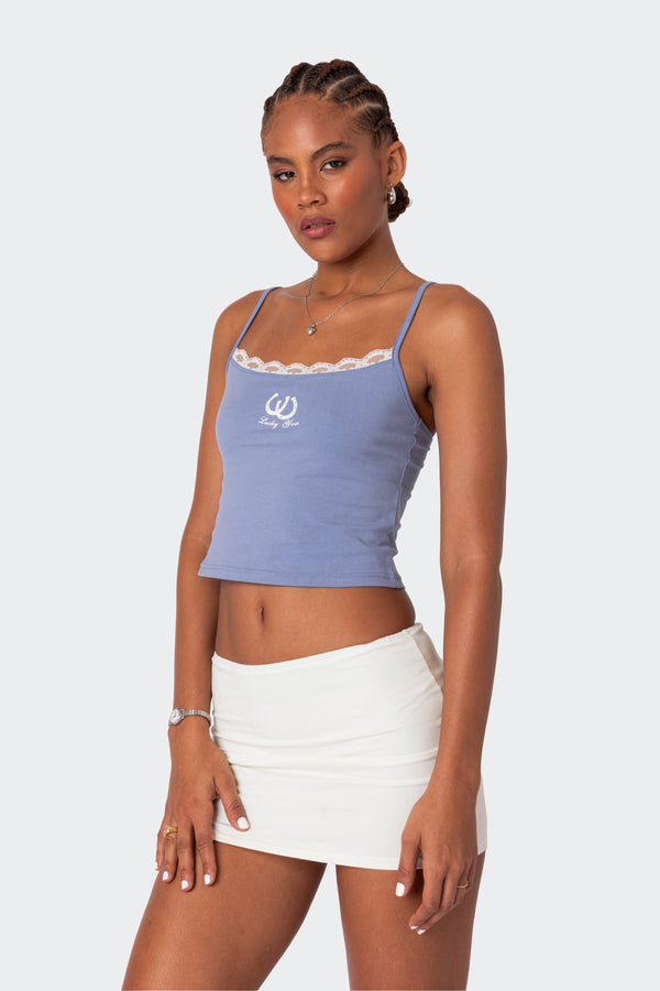 Edikted Lucky Girl Lace Trim Tank Top Blue