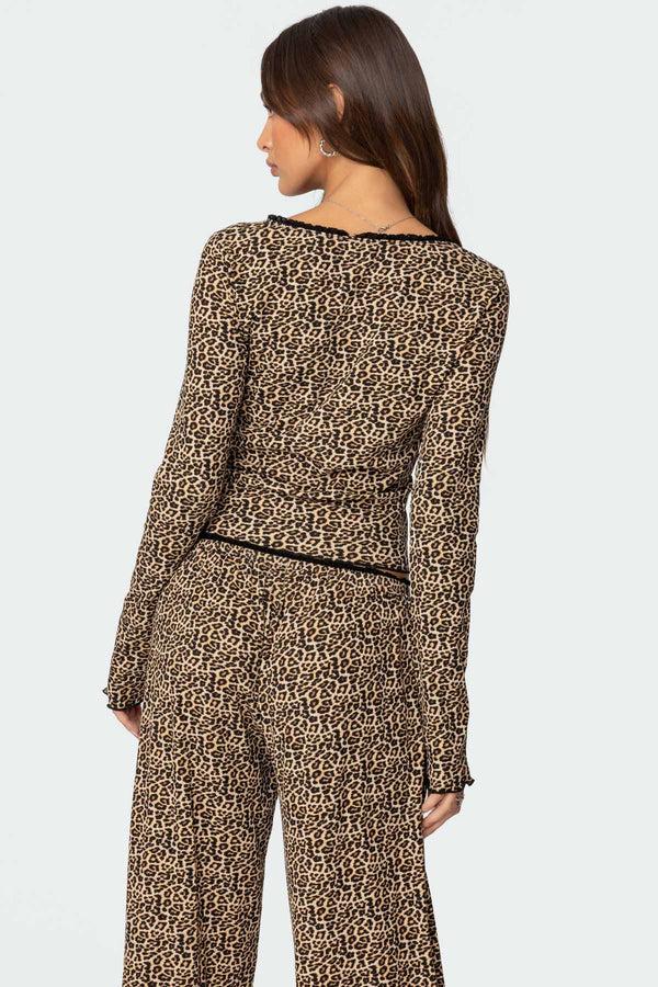 Edikted Lue Leopard Printed Ribbed V Neck Top Mix