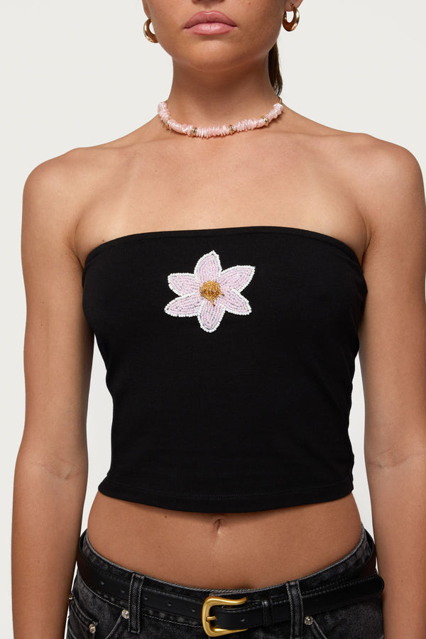 Edikted Luli Beaded Flower Tube Top Black